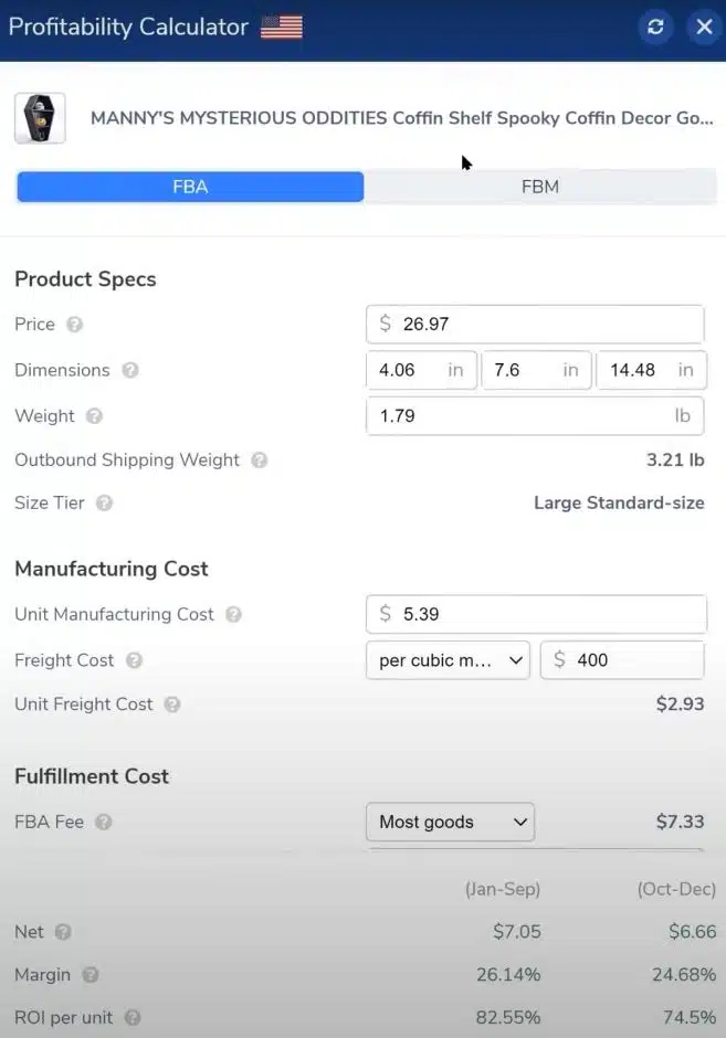 Helium10 Amazon FBA Calculator for Product Profitability