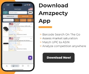 AMZPecty ad showcasing mobile app for barcode search, UPC to ASIN matching, and market analysis.
