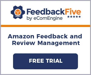 FeedbackFive ad showcasing Amazon feedback and review management tools.