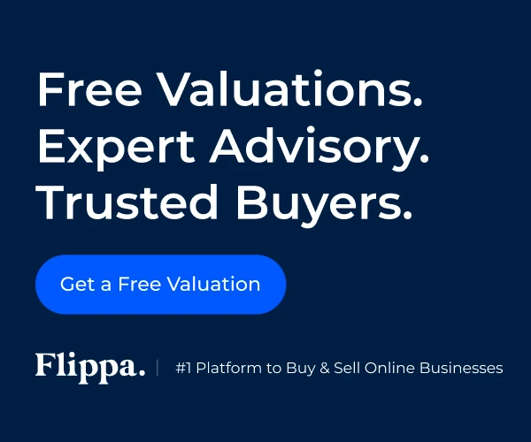 Flippa ad offering free valuations and expert advisory for buying and selling online businesses.