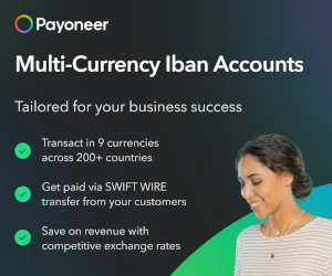 Payoneer ad highlighting multi-currency IBAN accounts for global business transactions.