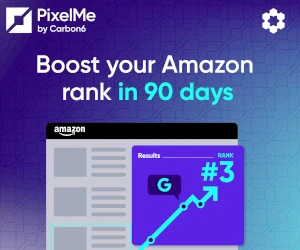 PixelMe ad promoting retargeting solutions to increase Amazon sales ranking.