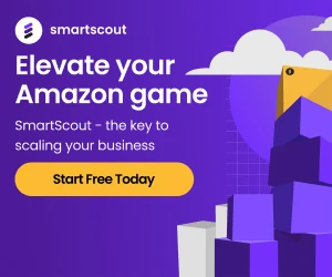 SmartScout ad promoting Amazon market analytics and business scaling tools.