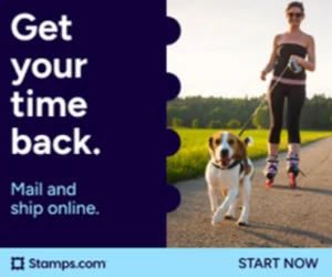 Stamps.com ad promoting online postage and mailing services for businesses.