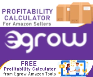 Egrow ad featuring a free profitability calculator for Amazon sellers.